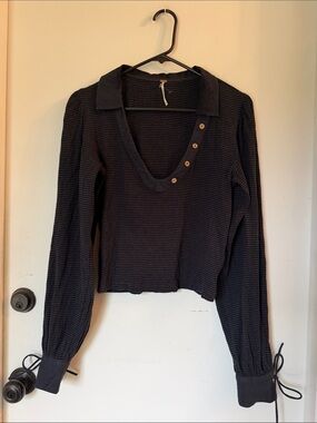 free people puff long sleeve stripe tie wrist plunge neckline navy small